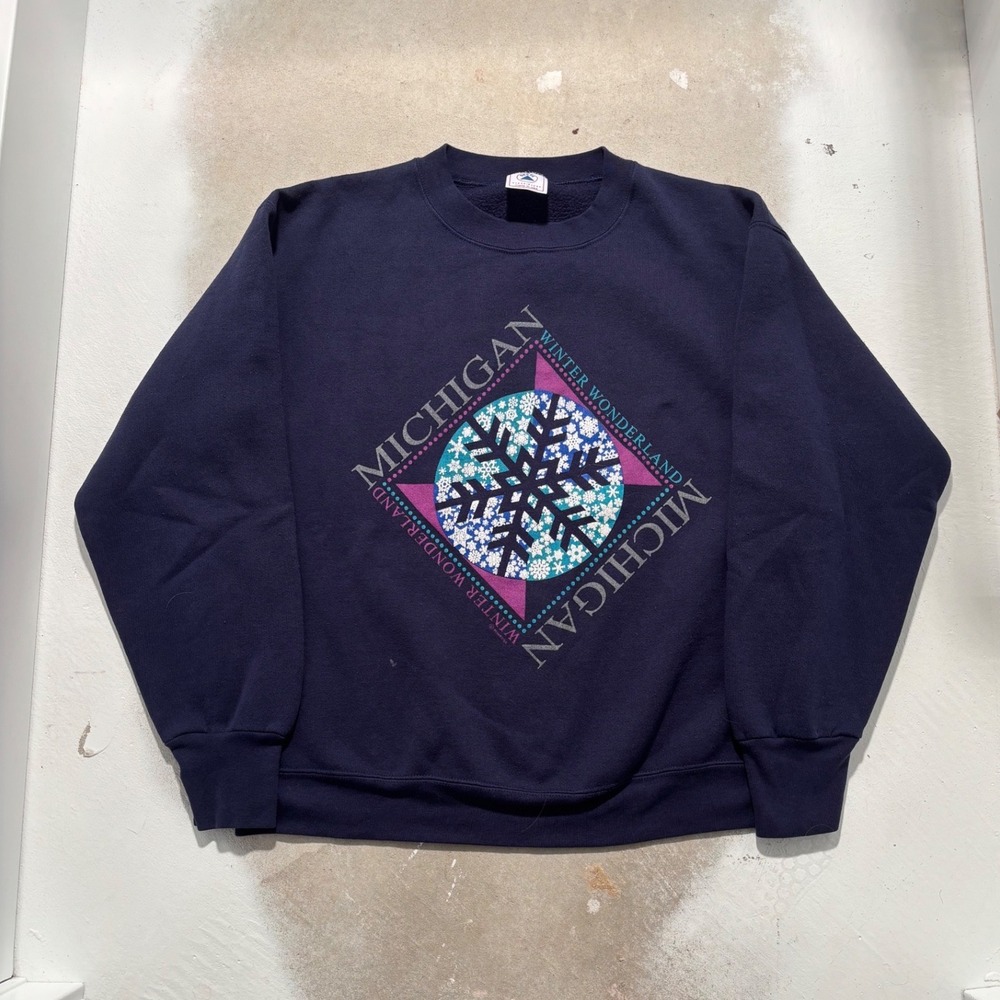 Vintage Michigan Winter Wonderland Sweatshirt Delta Made in USA Navy Blue Large